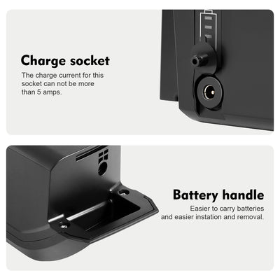 Two-panel product diagram of the e-bike battery: top panel shows the charge socket with a 5-amp maximum current limit, bottom panel displays the battery handle for easy carrying and installation.