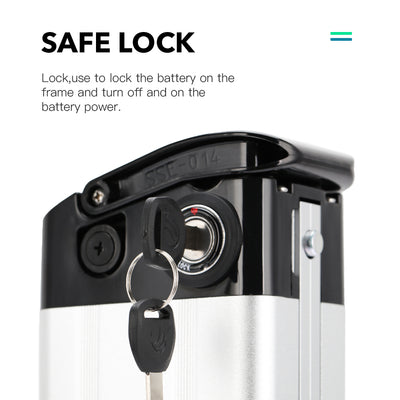 Close-up of an e-bike battery’s safe lock with keys, labeled "SAFE LOCK" – used to secure the battery to the frame and control power on/off.