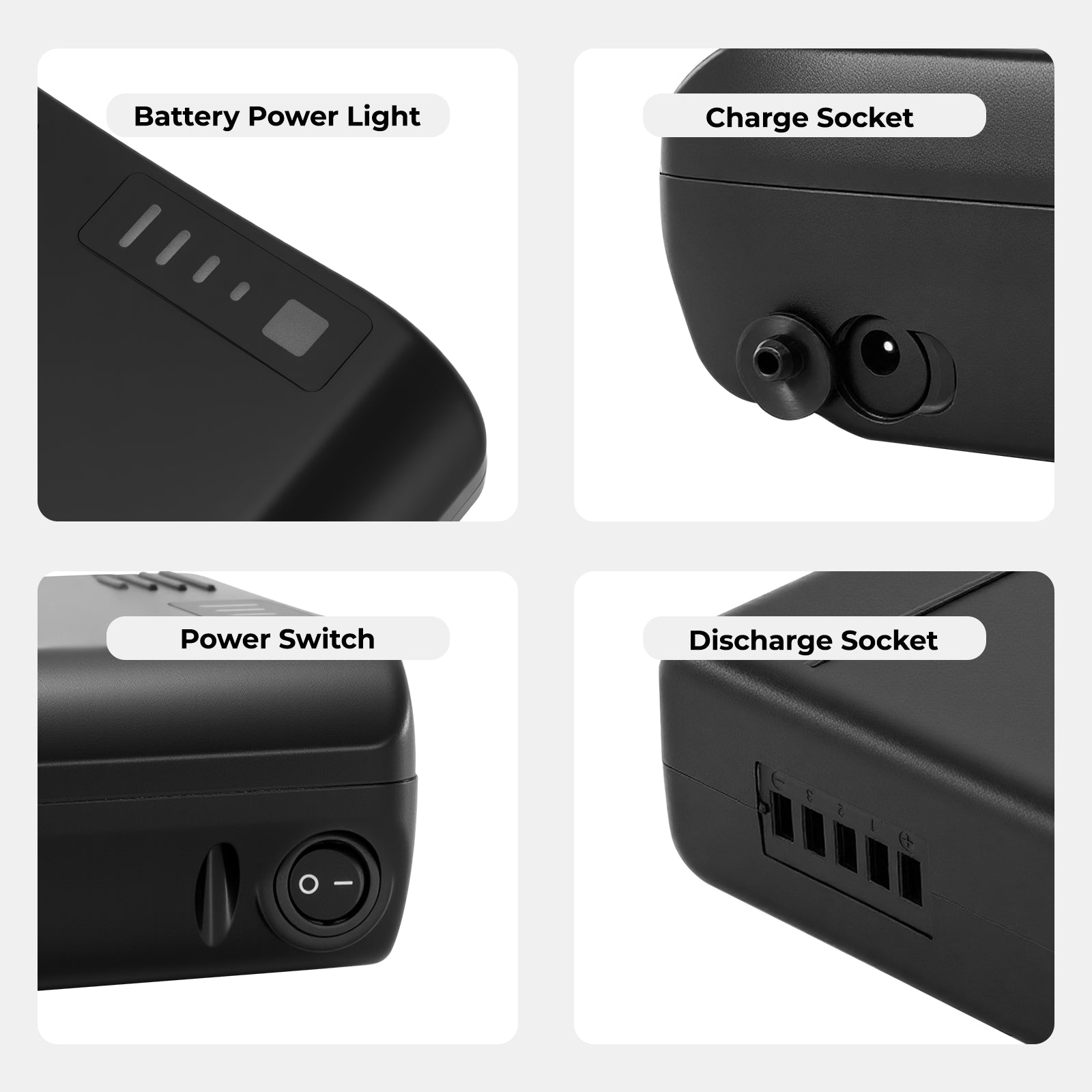 Product feature showcase highlighting the different parts of the e-bike battery (Model: EBB-024807-RK4): Battery Power Light, Charge Socket, Power Switch, and Discharge Socket.