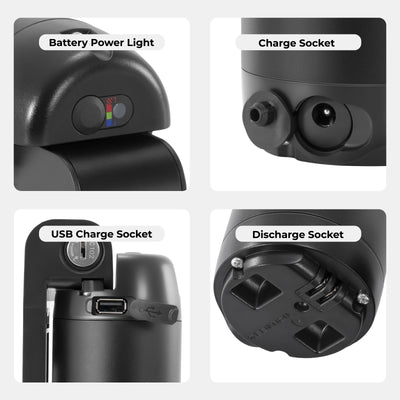 Product feature showcase highlighting the different parts of the e-bike battery: Battery Power Light, Charge Socket, USB Charge Socket, and Discharge Socket.