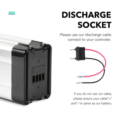 E-bike battery discharge socket with matching cable. Note: Please use our discharge cable to connect to your controller. If using another cable, make sure its '+' and '-' polarities are same as our battery.