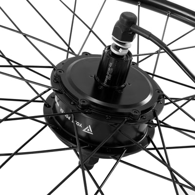Close-up of a black electric bicycle hub motor wheel