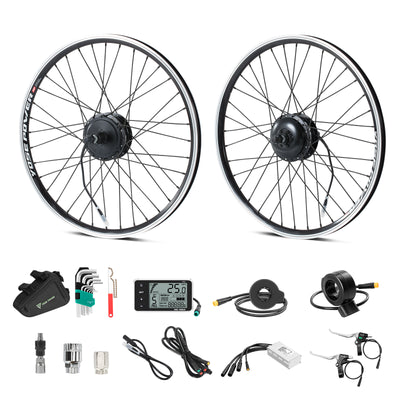 A set of components for an e-bike conversion, including hub motor wheel, controller,  PAS sensor, brake levers, display, thumb throttle, cable, controller bag and installation tools