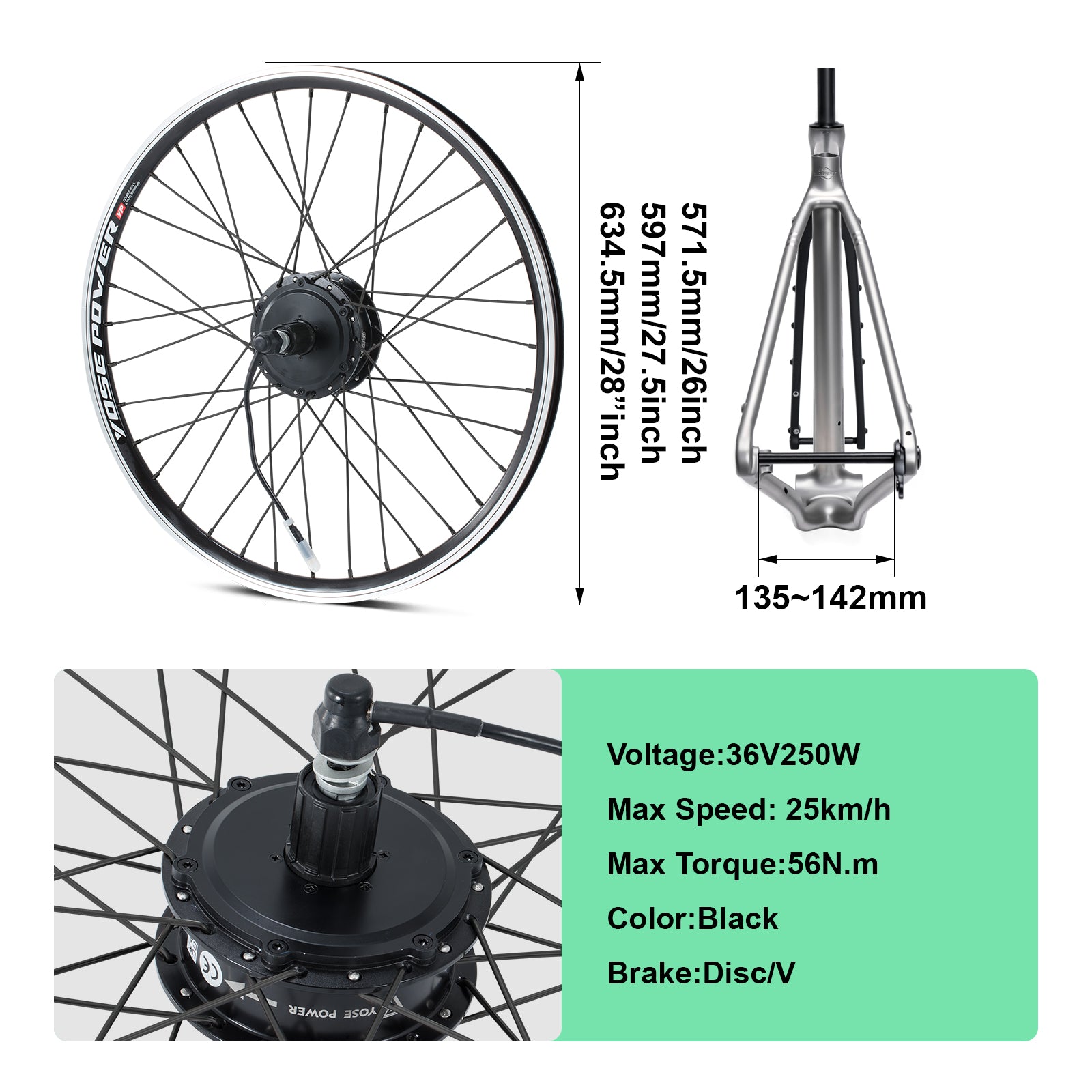 YOSE POWER 36V 250W hub motor wheel kit: compatible with 26"/27.5"/28" wheels and 135-142mm fork dropouts, max speed 25km/h, max torque 56N.m, supports disc/V brakes.