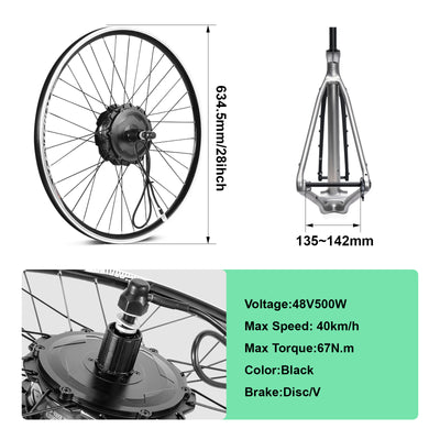 Infographic for a 28-inch e-bike hub motor wheel, featuring key specs: 48V 500W power, 40km/h max speed, 67N.m max torque, and Disc/V brake compatibility. Includes dimensions: 634.5mm wheel diameter and 135–142mm fork spacing, with product photos and a fork diagram.