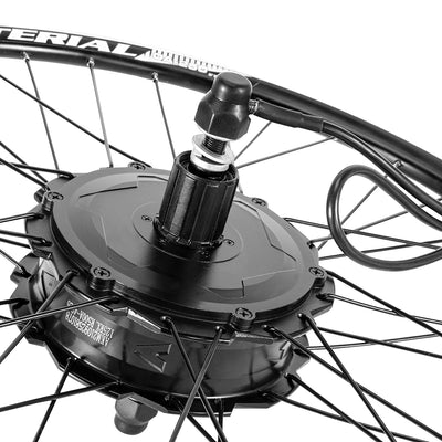 Close-up of a black electric bicycle hub motor wheel