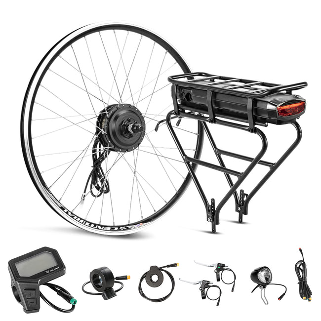 E-Bike Conversion Kit 36V 250W 28"(700C) 48NM Front Motor Kit R1 with 36V 13Ah Rear Battery with Rack and Charger fit for Bike with V-brake and Disc brake