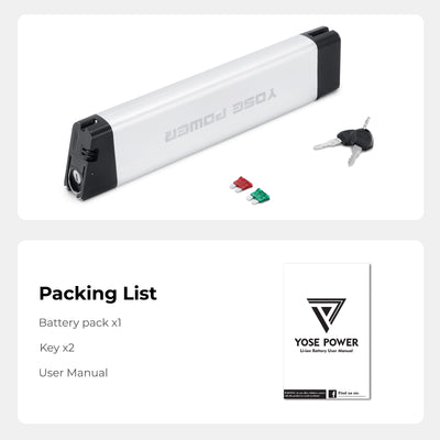 Packing list of the e-bike battery (Model: EBB-036906-LR), including the battery pack, keys and user manual
