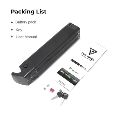Packing list of the e-bike battery (Model: EBB-036140-K9), including the battery pack, key and user manual