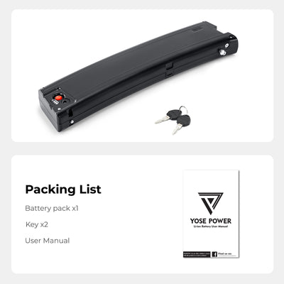Packing list of the e-bike battery(Model: EBB-036105-BY), including the battery pack, 2 keys and user manual