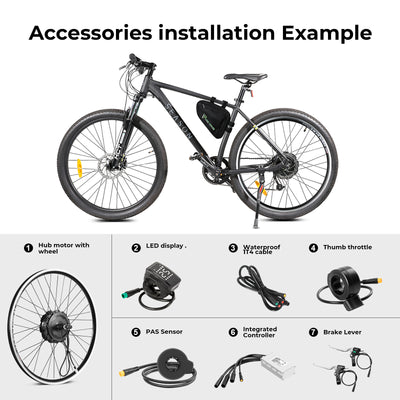 Installation example of a YOSE POWER e-bike conversion kit, showing an assembled electric mountain bike with labeled accessories: hub motor wheel, LED display, waterproof 1T4 cable, thumb throttle, PAS sensor, integrated controller, and brake lever.