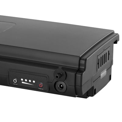 Close-up of the e-bike battery(EBB-036128-R8): power button, battery power light, and charging port with a protective cap.