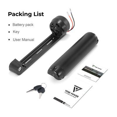 Packing list of the e-bike battery, including the battery pack, key and user manual