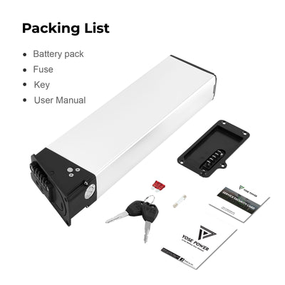 Packing List of the Model EBB-048145-009(345) e-bike battery, including the battery pack, fuse, key and user manual