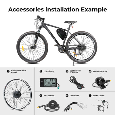 Installation example of a YOSE POWER e-bike conversion kit, showing an assembled electric mountain bike with labeled accessories: hub motor wheel, LCD display, waterproof 1T4 cable, thumb throttle, PAS sensor, controller, and brake lever.