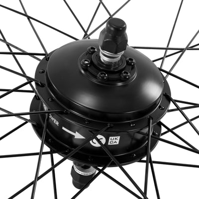 Close-up of a black electric bicycle hub motor wheel