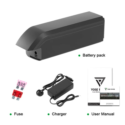 Complete package contents of a YOSE POWER 48V11.6Ah e-bike battery(Model EBB-048116-SF06S), including the black battery, a charger, fuses and user manual