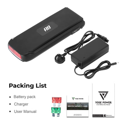 Complete package contents of a YOSE POWER e-bike battery, including the black battery pack, a charger, fuses and user manual