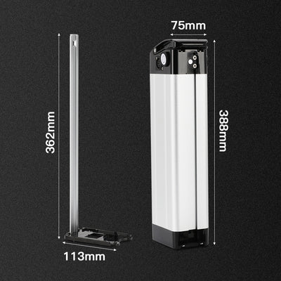 Dimensional diagram of an e-bike battery and its mounting rail: battery 388mm (H) × 75mm (W); rail 362mm (H) × 113mm (base W)