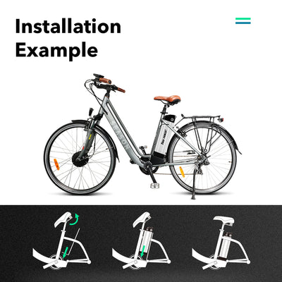 Installation example: a YOSE POWER battery mounted on an e-bike, with step-by-step diagrams showing the battery mounting process on the bike frame.