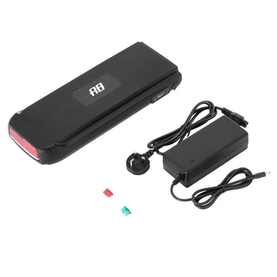 A YOSE POWER e-bike battery, fuses and a battery charger