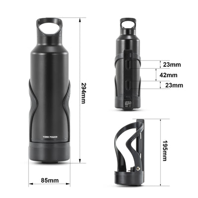 Technical dimension reference for a YOSE POWER bottle-type e-bike battery, including full battery size, connector slot dimensions, and matching battery cage height, for accurate installation and compatibility checking.
