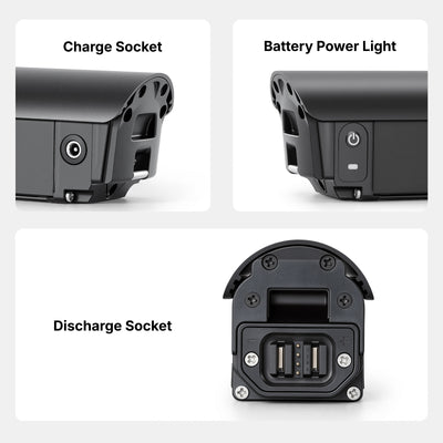 Product feature showcase highlighting the different parts of the e-bike battery (Model: EBB-036100-JCXH): Charge Socket, Battery Power Light, and Discharge Socket.