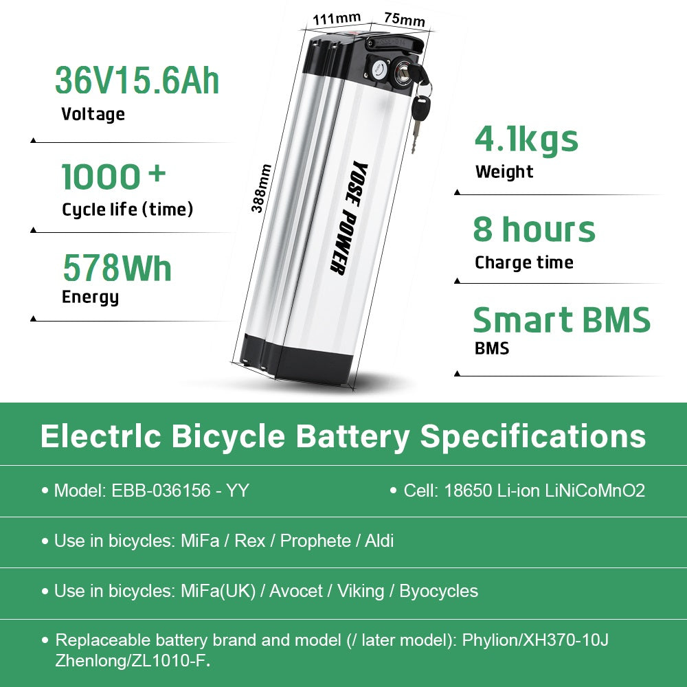 36V15.6Ah Silver Fish E-Bike Li-ion Battery USB