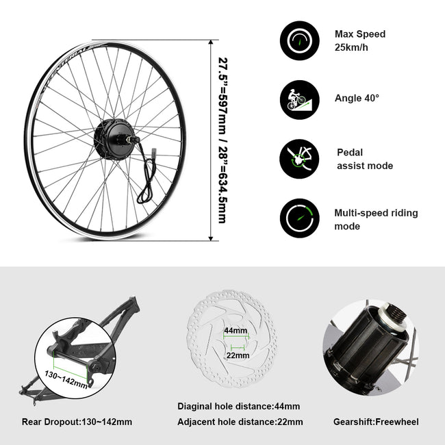 36V250W 27.5"/28" Rear E-Bike Conversion Kit for Cassette with 36V13Ah HL1 Battery