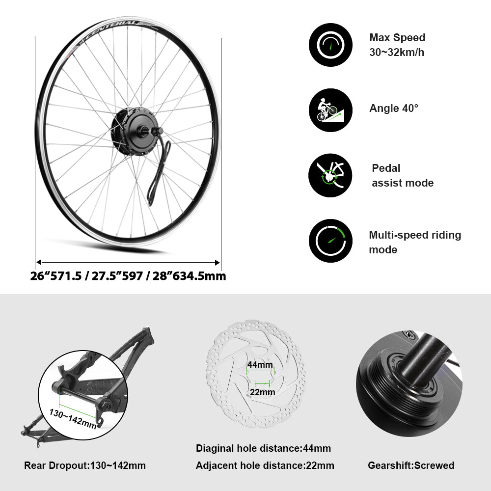 36V350W26"/27.5"/28" Rear E-Bike Conversion Kit for Freewheel