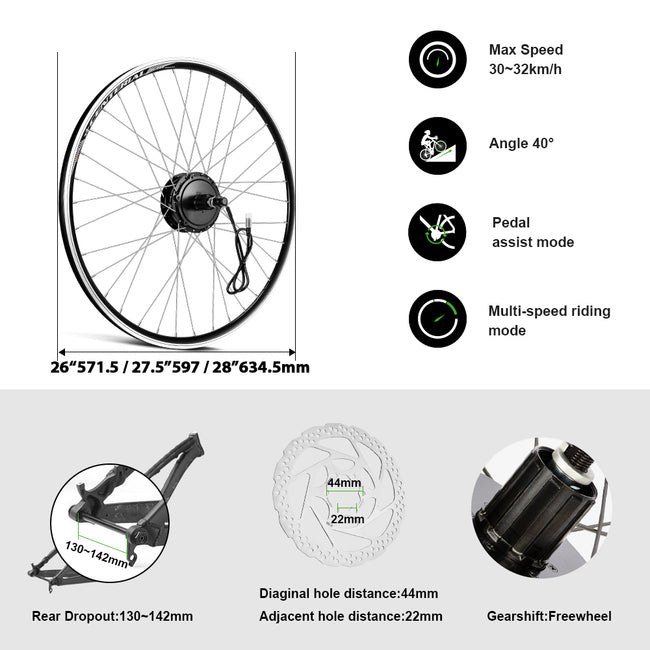 36V350W26"/27.5"/28" Rear E-Bike Conversion Kit for Cassette