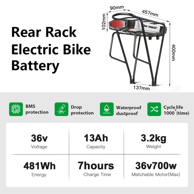 36V13Ah E-Bike Lithium-ion Rear Battery fit for 26"-28" Bike