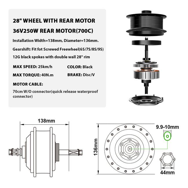 36V250W 28" Rear E-Bike Conversion Kit for Freewheel with 36V13Ah HL1 Battery