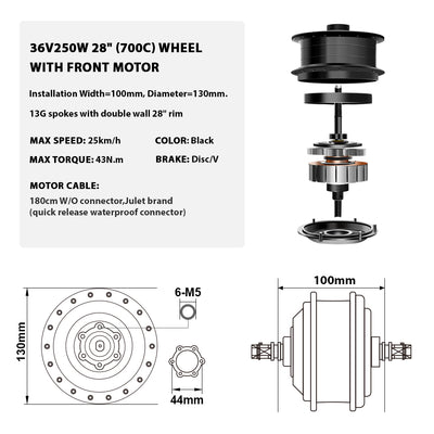 36V250W 26"/28" Front E-Bike Conversion Kit + 36V15.6Ah HL Plus Battery